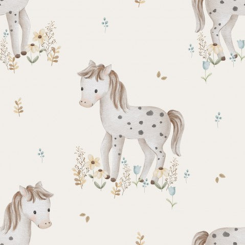 Pattern of white horses with brown manes and speckled bodies on a light background.