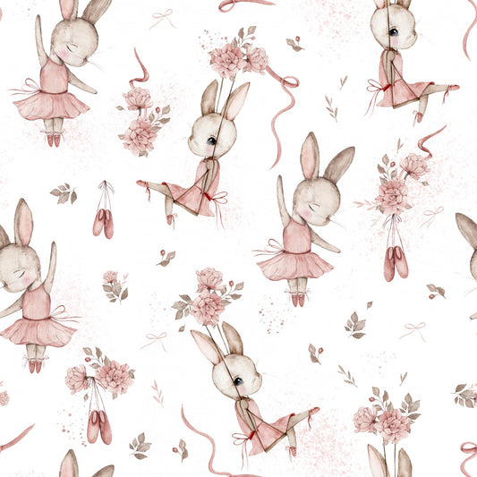 Pattern of ballerina rabbits in pink dresses with flowers and ribbons on a white background