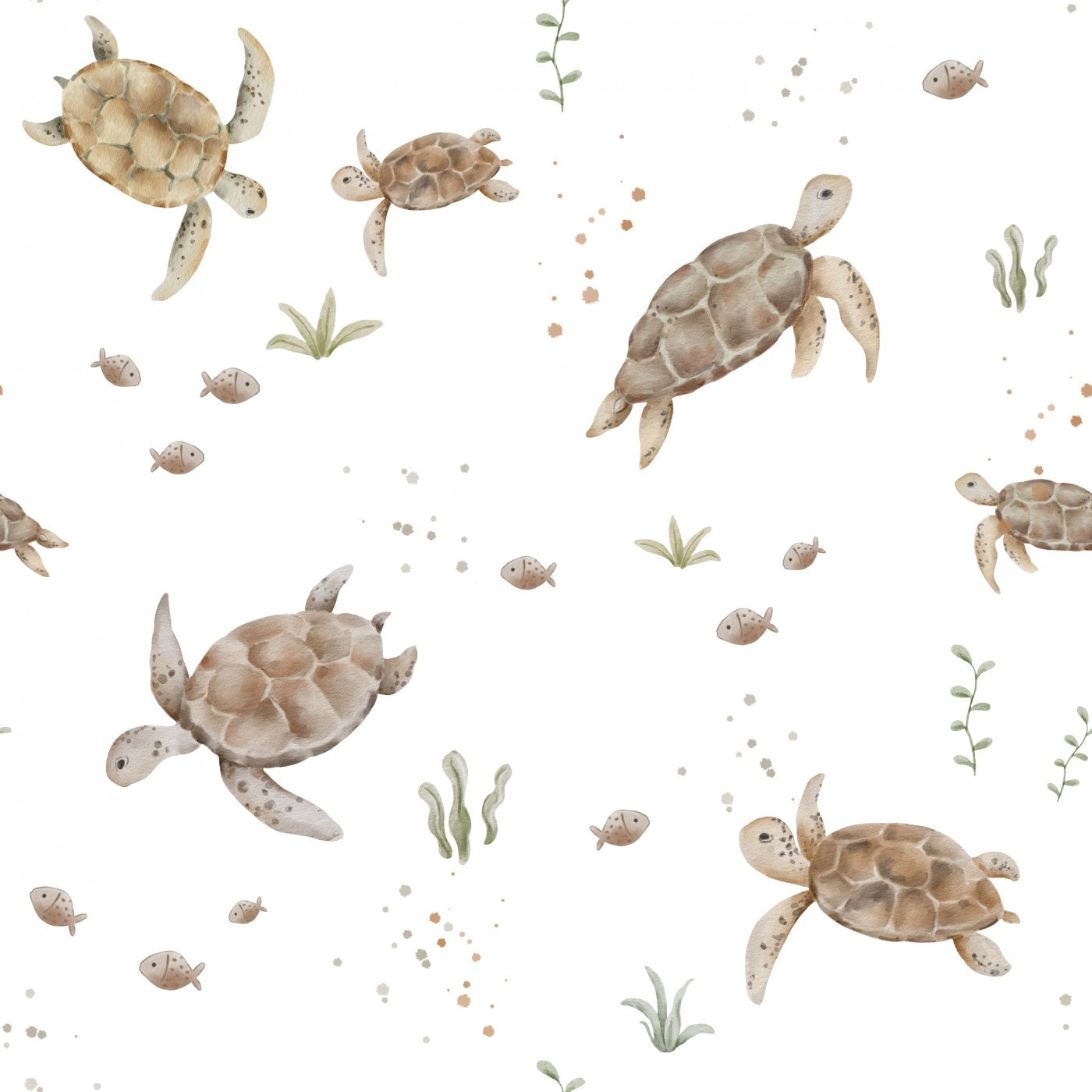 Pattern of turtles and fish on a white background
