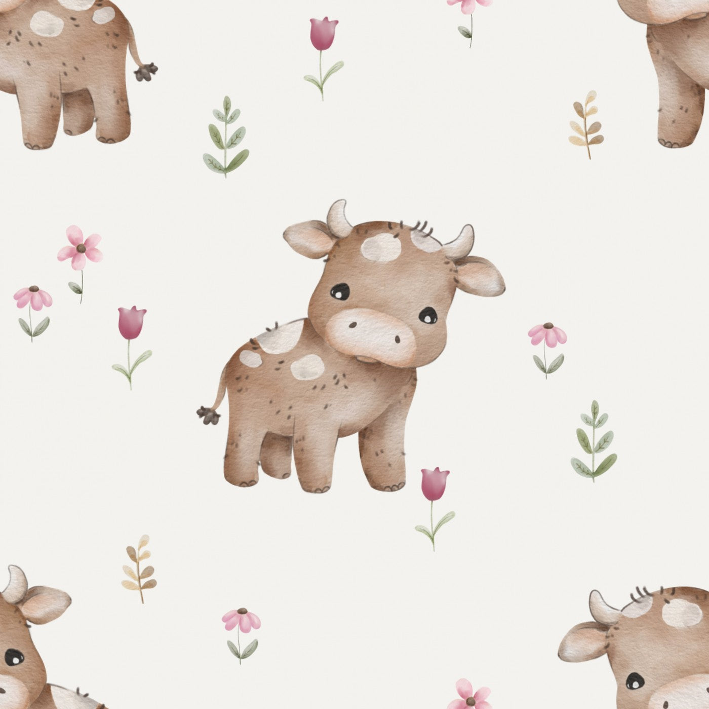 Pattern of cartoon cows and flowers on a light background